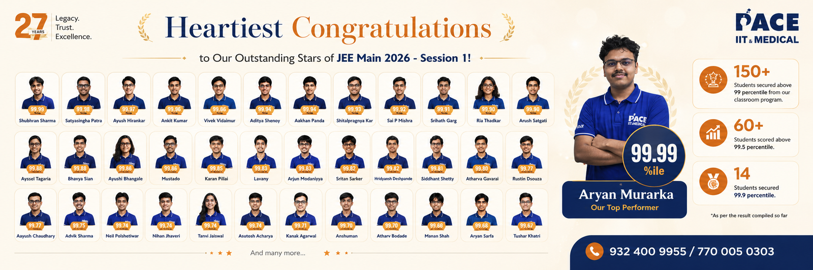 Heartiest Congratulations to Our Outstanding Stars of JEE Main 2026 Session 1
