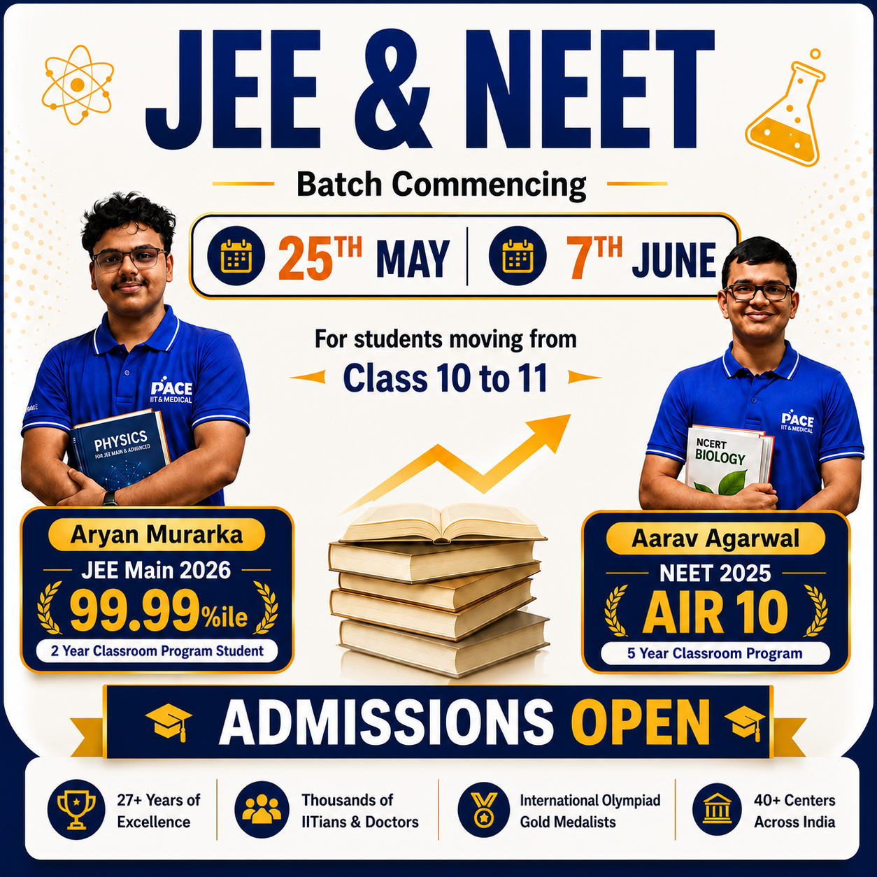 PACE IIT & Medical JEE and NEET admissions open for students moving from Class 10 to 11, new batches starting 25th May and 7th June at Andheri, Borivali, Chembur and Dadar Matunga centres