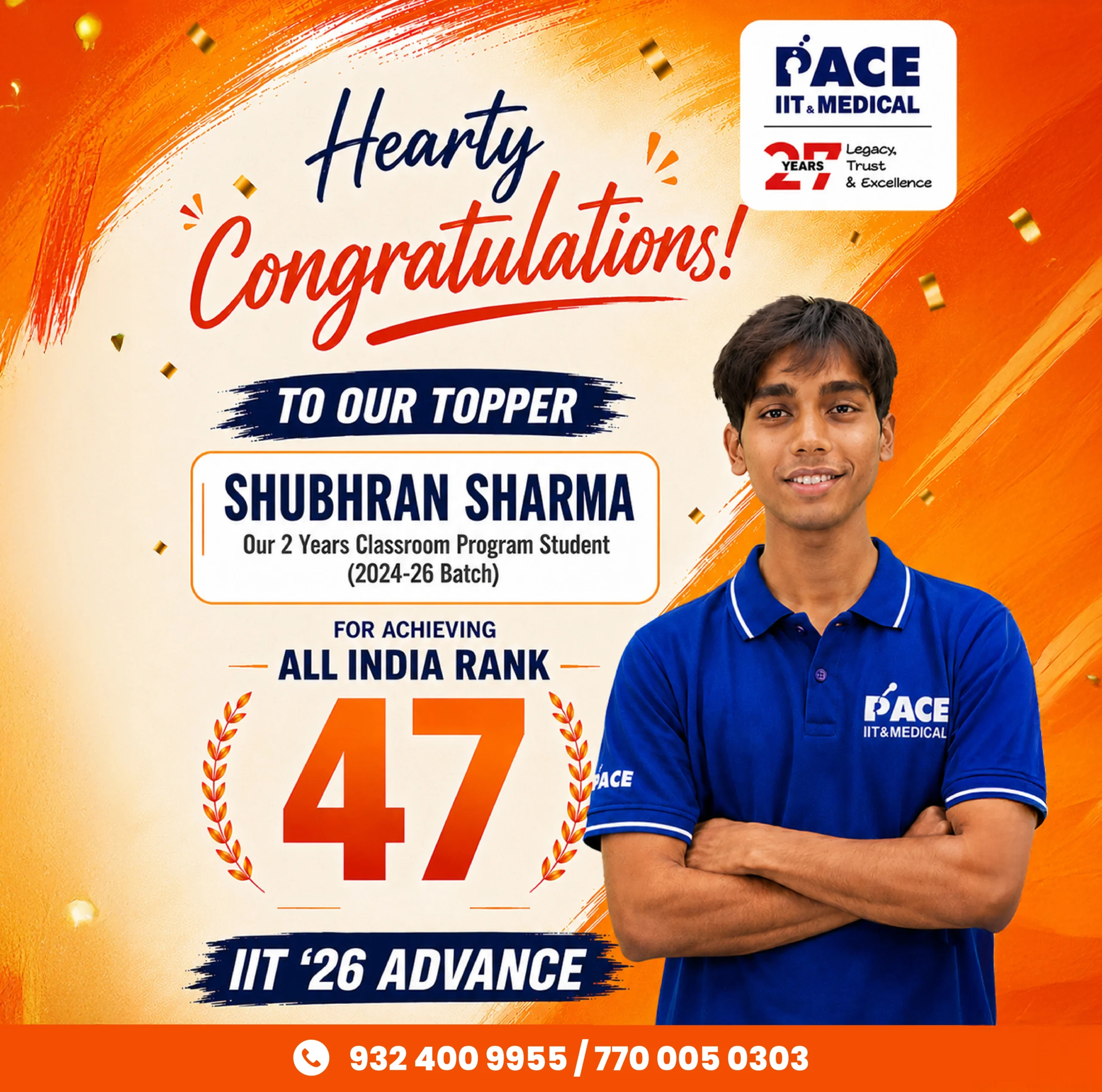 PACE student Shubhran Sharma secured AIR 47 in JEE Advanced 2026 Exam.