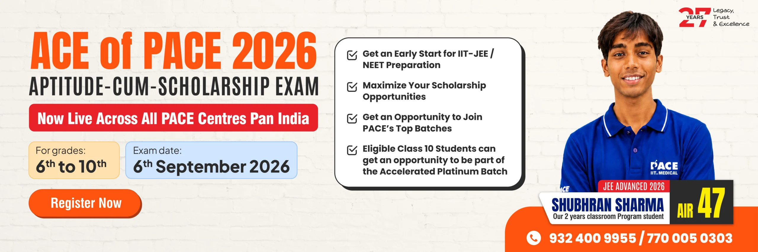 ACE of PACE 2026 Aptitude-cum-Scholarship Exam for Grade 6th to 10th students, exam date 6th September 2026, PACE IIT and Medical