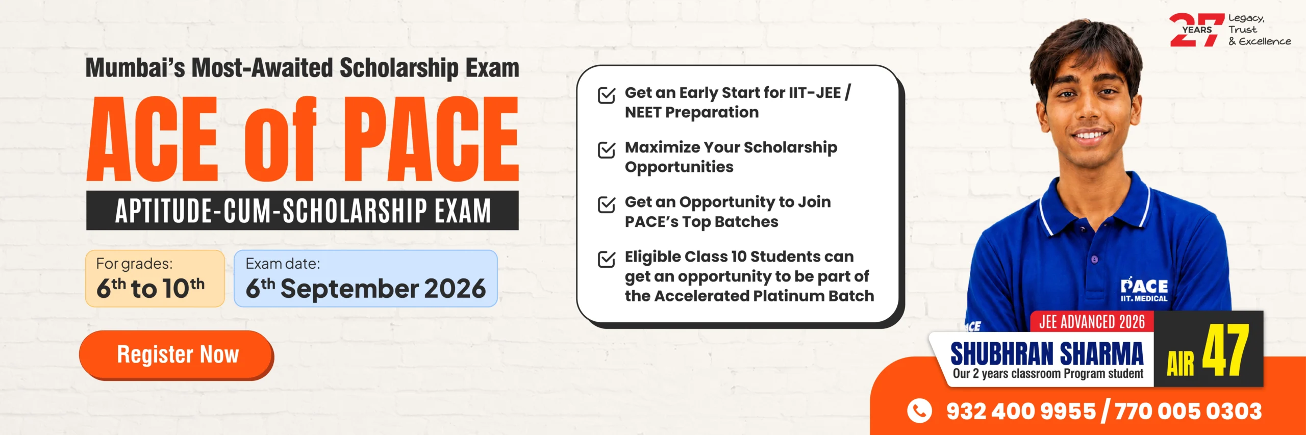 ACE of PACE 2026 Aptitude-cum-Scholarship Exam for Grade 6th to 10th students, exam date 6th September 2026, PACE IIT and Medical