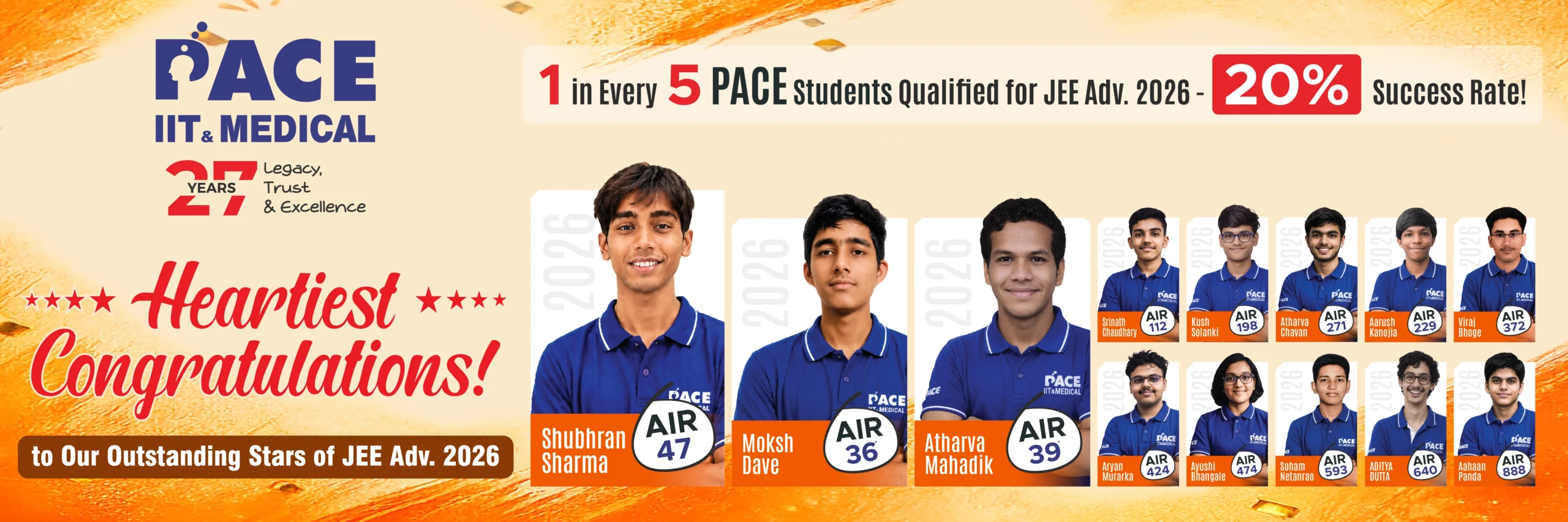 PACE IIT and Medical JEE Advanced 2026 results with AIR 36, AIR 39, AIR 47 and 100 plus qualified students