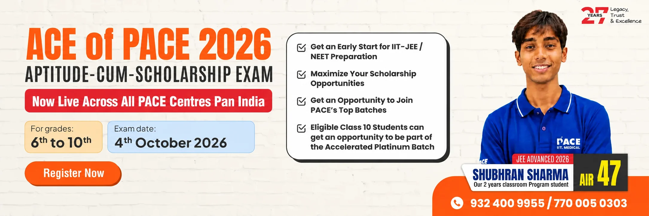 ACE of PACE 2026 Aptitude-cum-Scholarship Exam for Grade 6th to 10th students, exam date 6th September 2026, PACE IIT and Medical